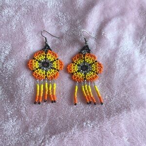 Handcrafted Mexican Beaded Earrings - Orange and Yellow